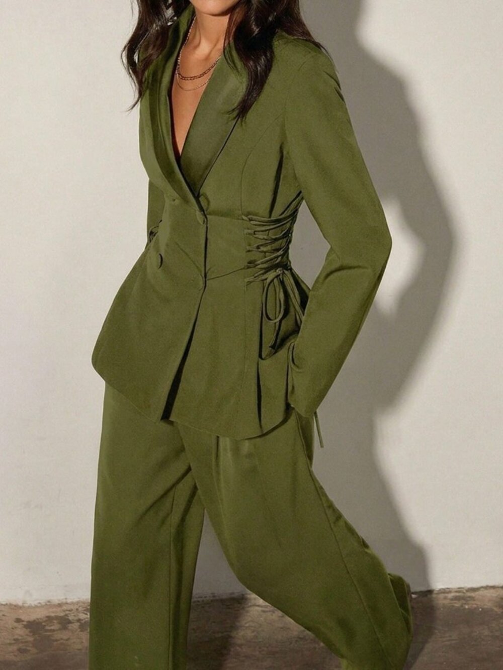 Green Elegant Women's Patchwork Lace-Up Blazer Flared Pants